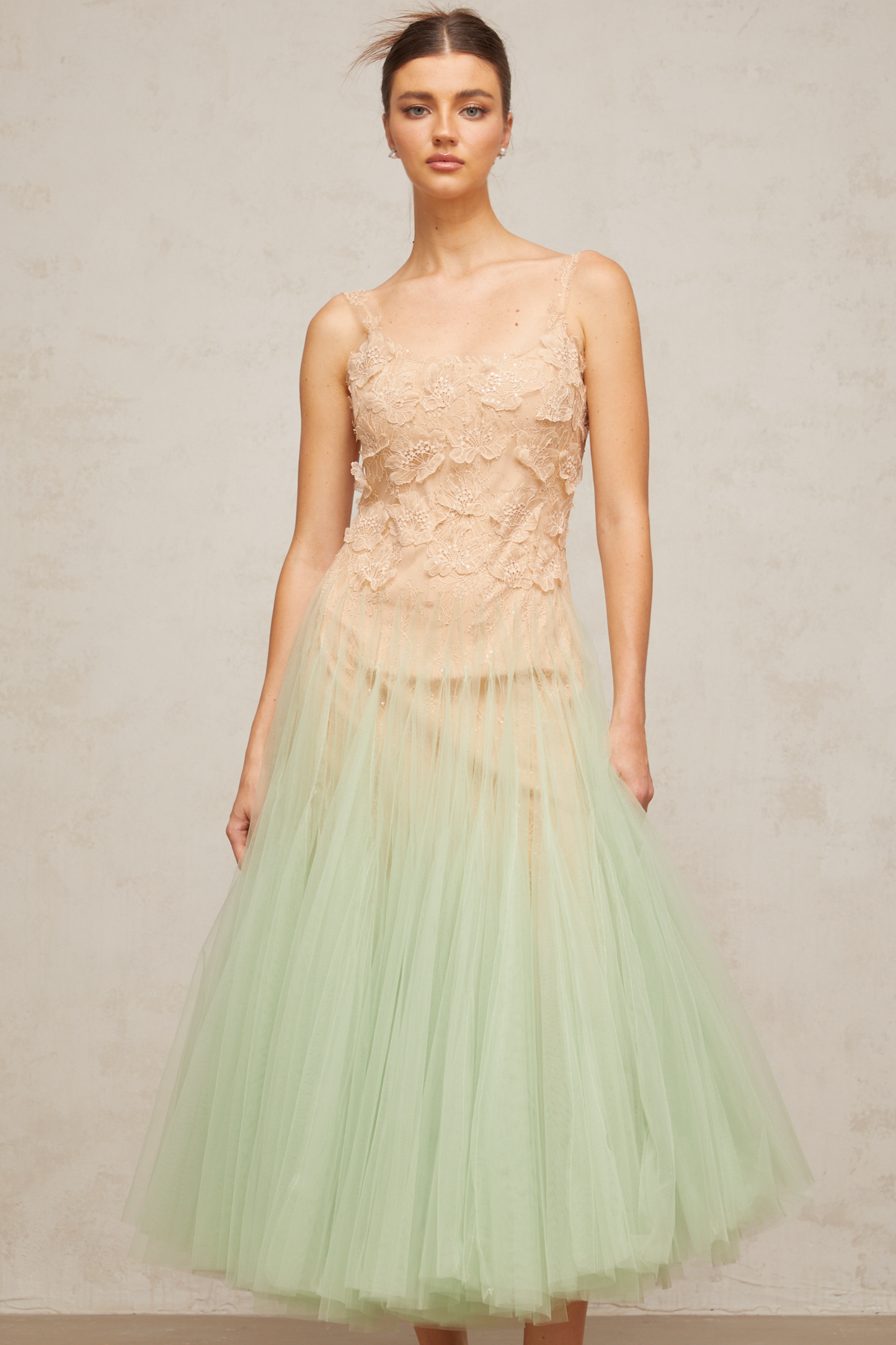 Zoéline green lace-panelling tulle midi dress