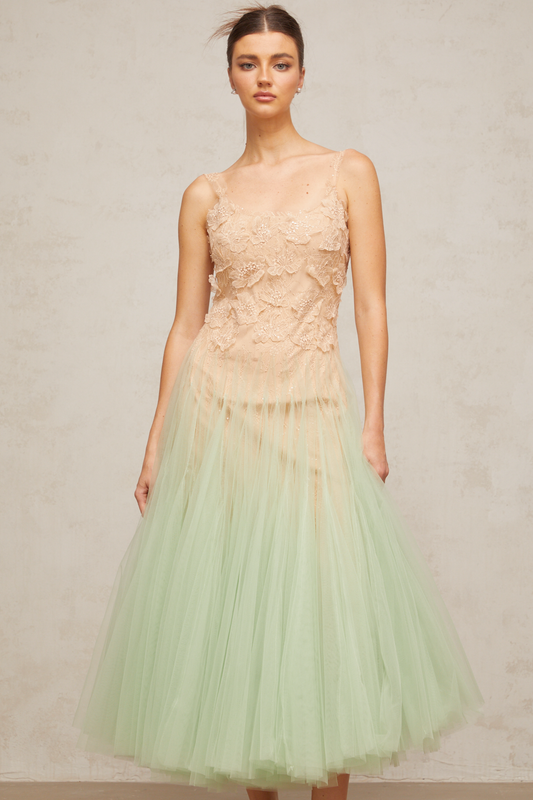 Zoéline green lace-panelling tulle midi dress