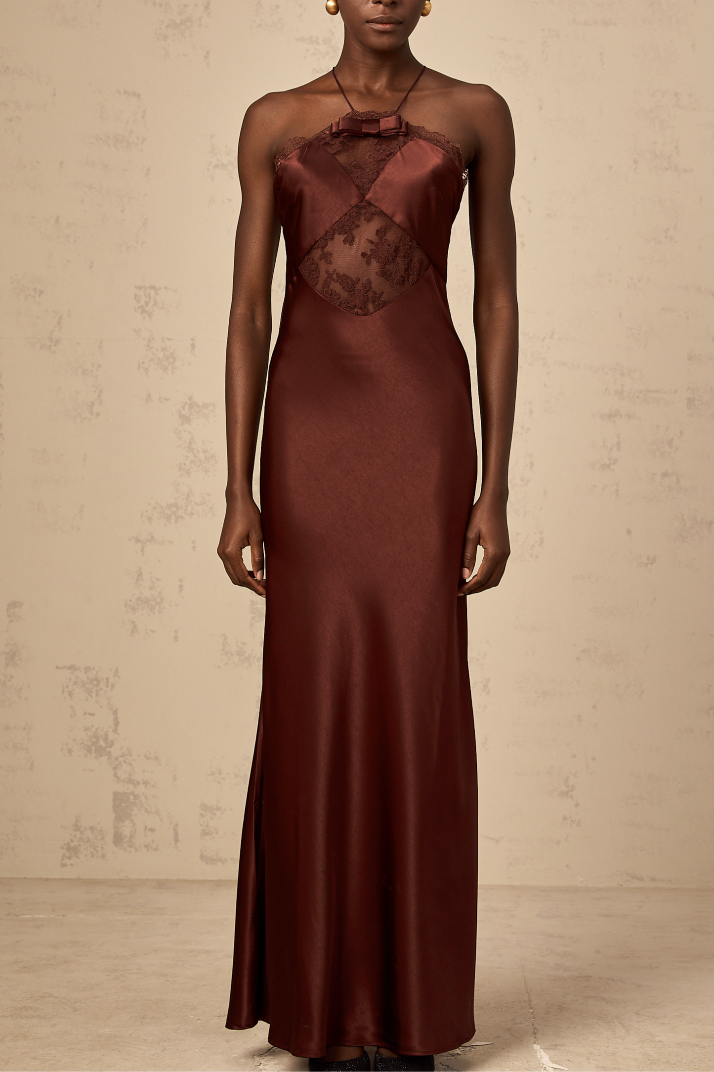 Eléonore wine-red lace-panelling satin maxi dress