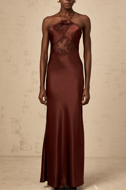 Eléonore wine-red lace-panelling satin maxi dress