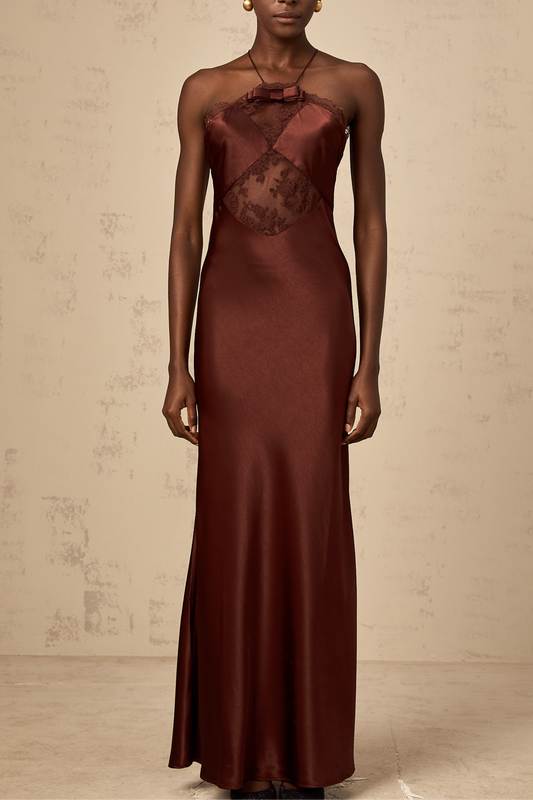 Eléonore wine-red lace-panelling satin maxi dress