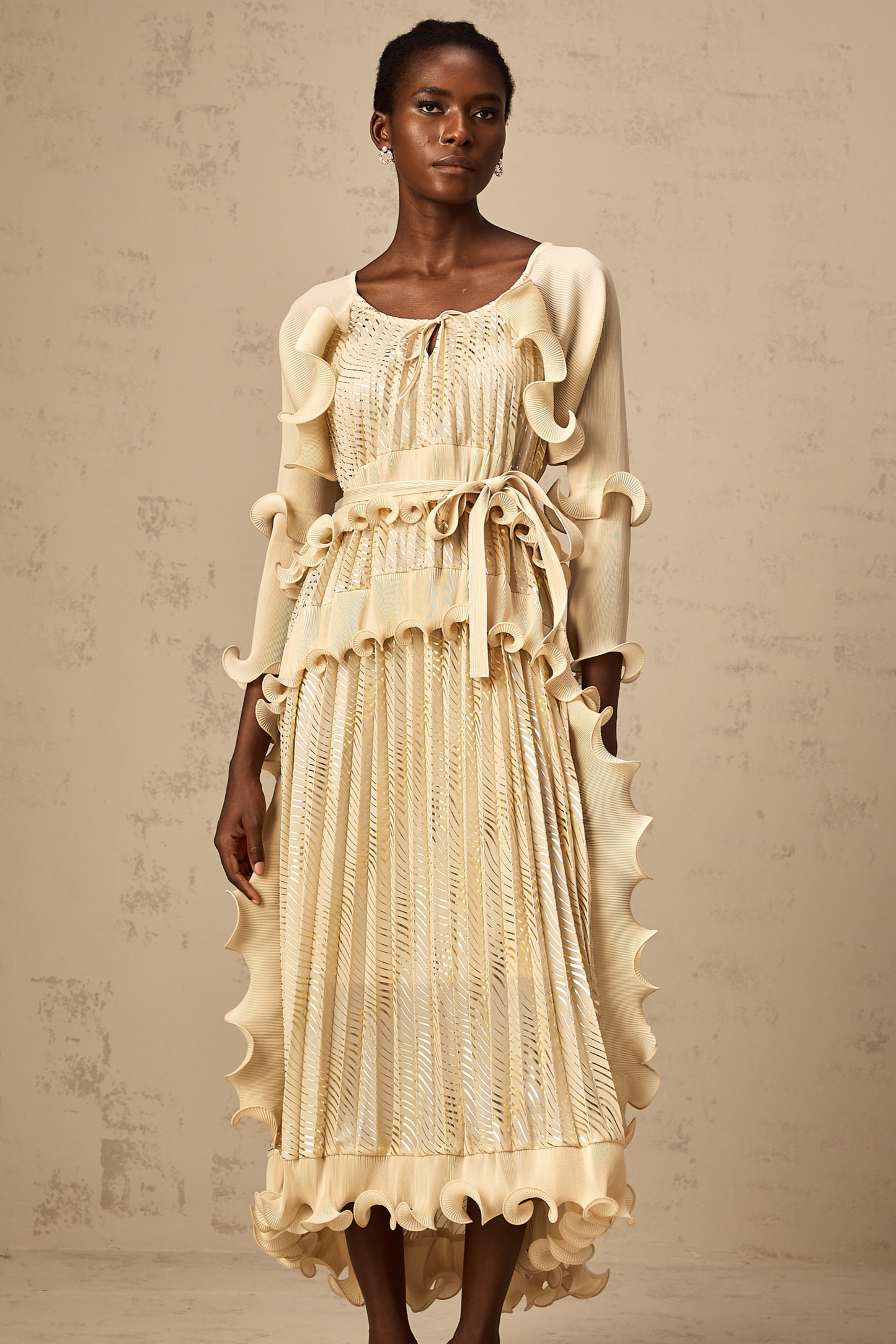 Ellie neutrals gilded ruffled midi dress (US Only)