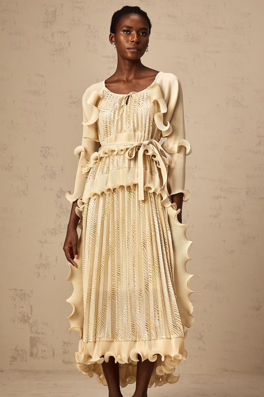 Ellie neutrals gilded ruffled midi dress (US Only)