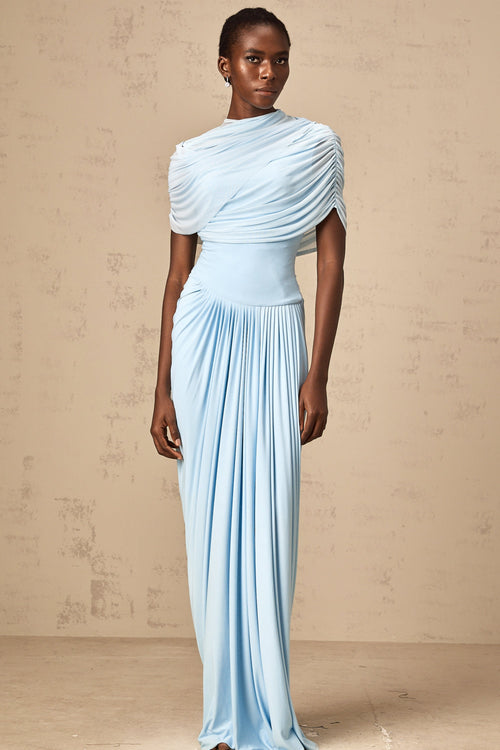 Catherine asymmetric pleated maxi dress in Baby-blue