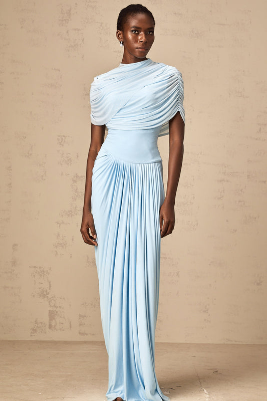 Catherine asymmetric pleated maxi dress in Baby-blue