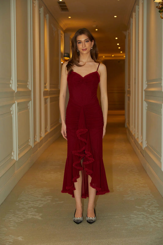 Viviane ruffle draped maxi dress in Red
