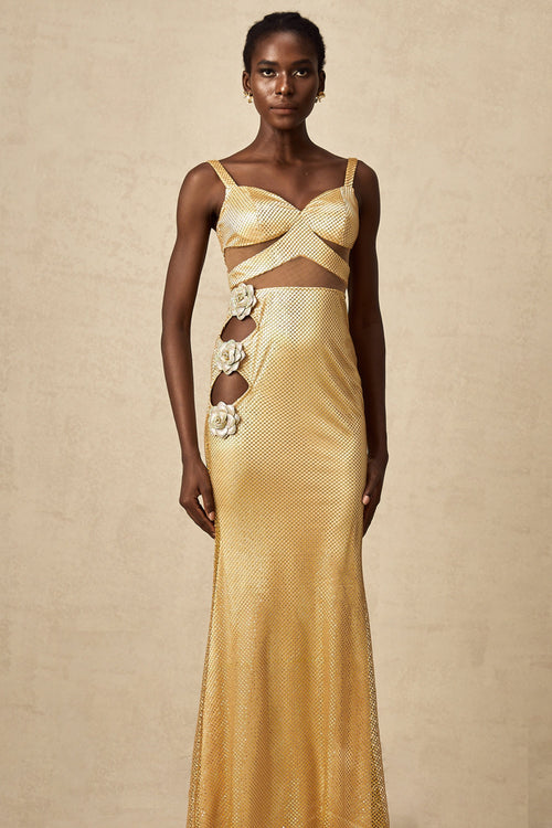 Giulia gold faux-flower cut-out maxi dress