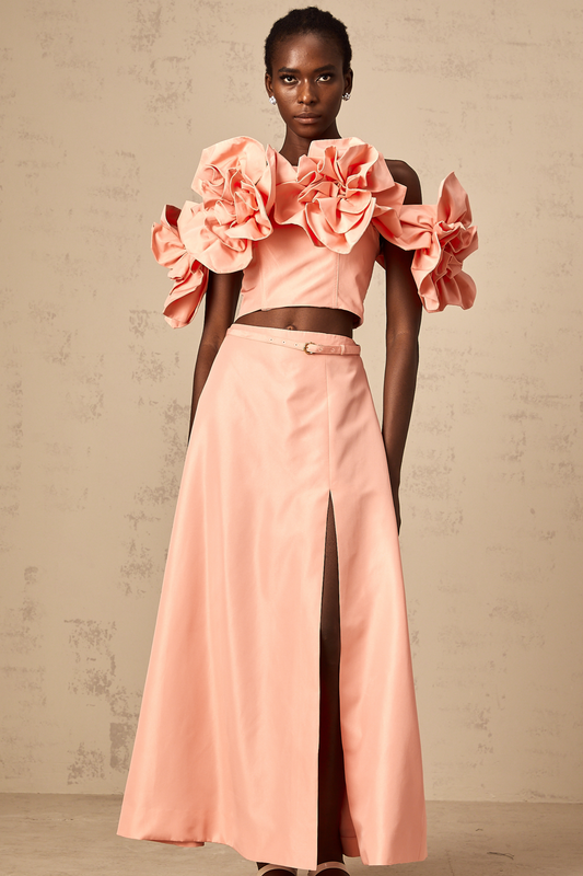 Yvette pink floral-appliqué top & skirt matching set