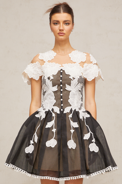 Sandrine color-blocked floral-embroidery mini dress