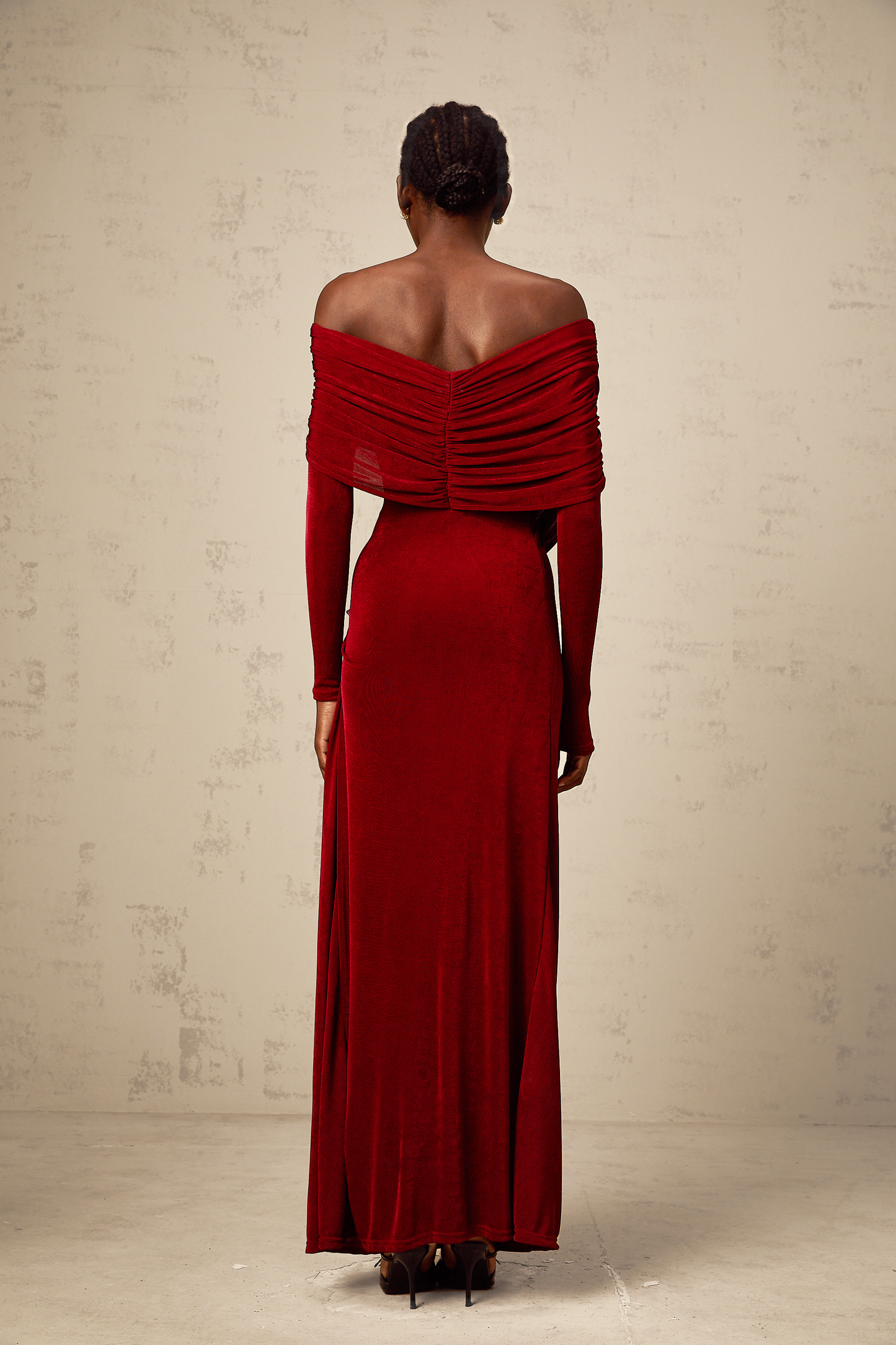 Hélène red ruched fitted velvet maxi dress