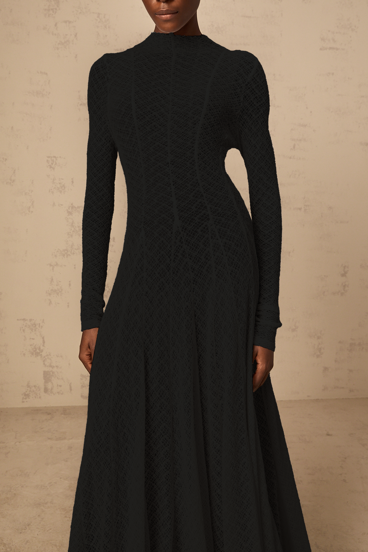 Athena wavy-pattern lace maxi dress in Black