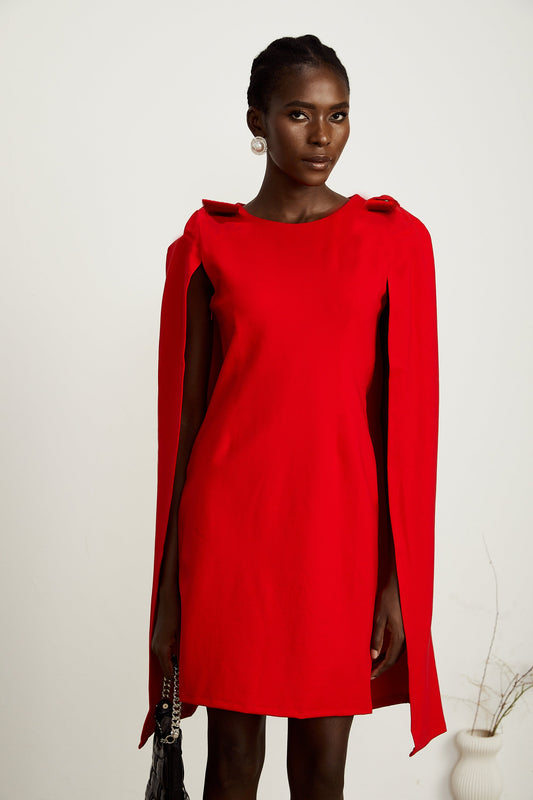 Judith red bow-detail cape mini dress