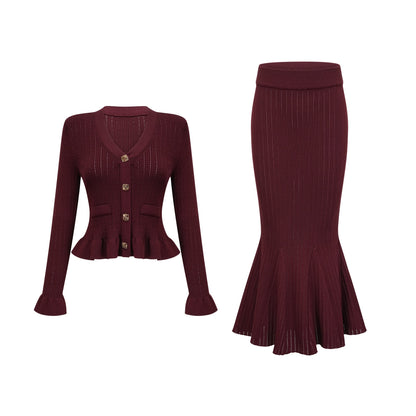 Corrine red ruffled knit top & skirt matching set