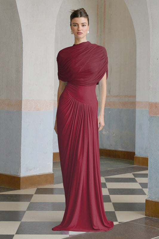 Catherine asymmetric pleated maxi dress in Red