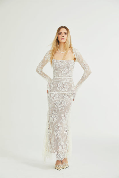 Valérie white floral lace mesh maxi dress