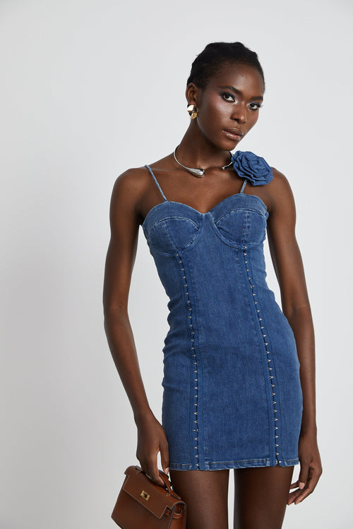 Yvette floral-appliqué denim mini dress
