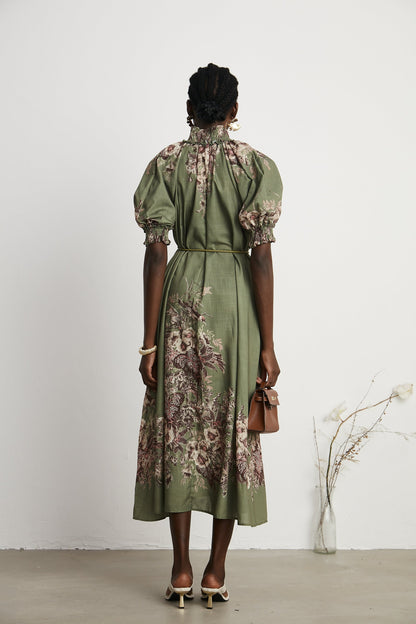 Pascale belted floral-print ramie midi dress