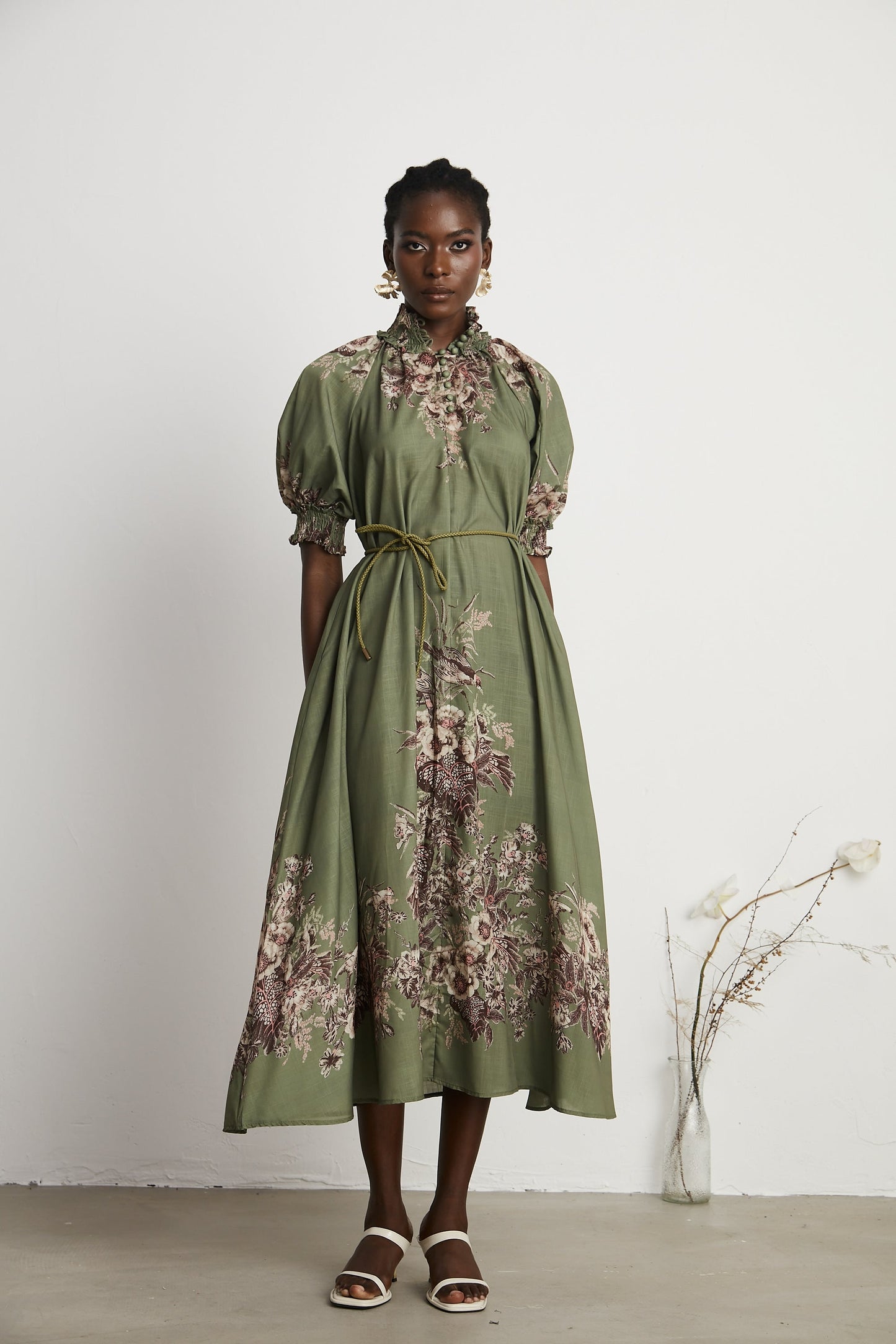Pascale belted floral-print ramie midi dress