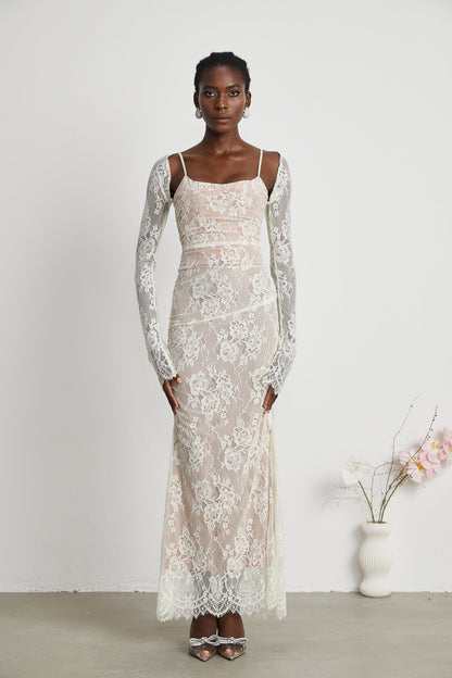 Valérie white floral lace mesh maxi dress
