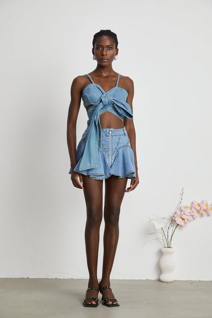 Aurélie bow-detail denim top
