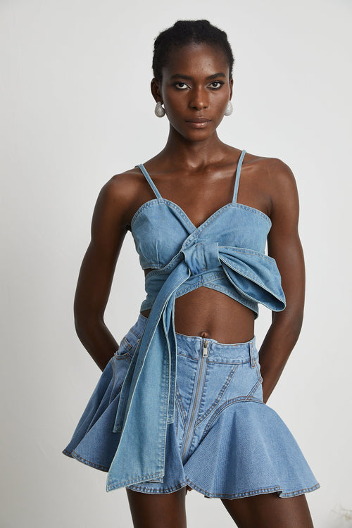 Aurélie bow-detail denim top