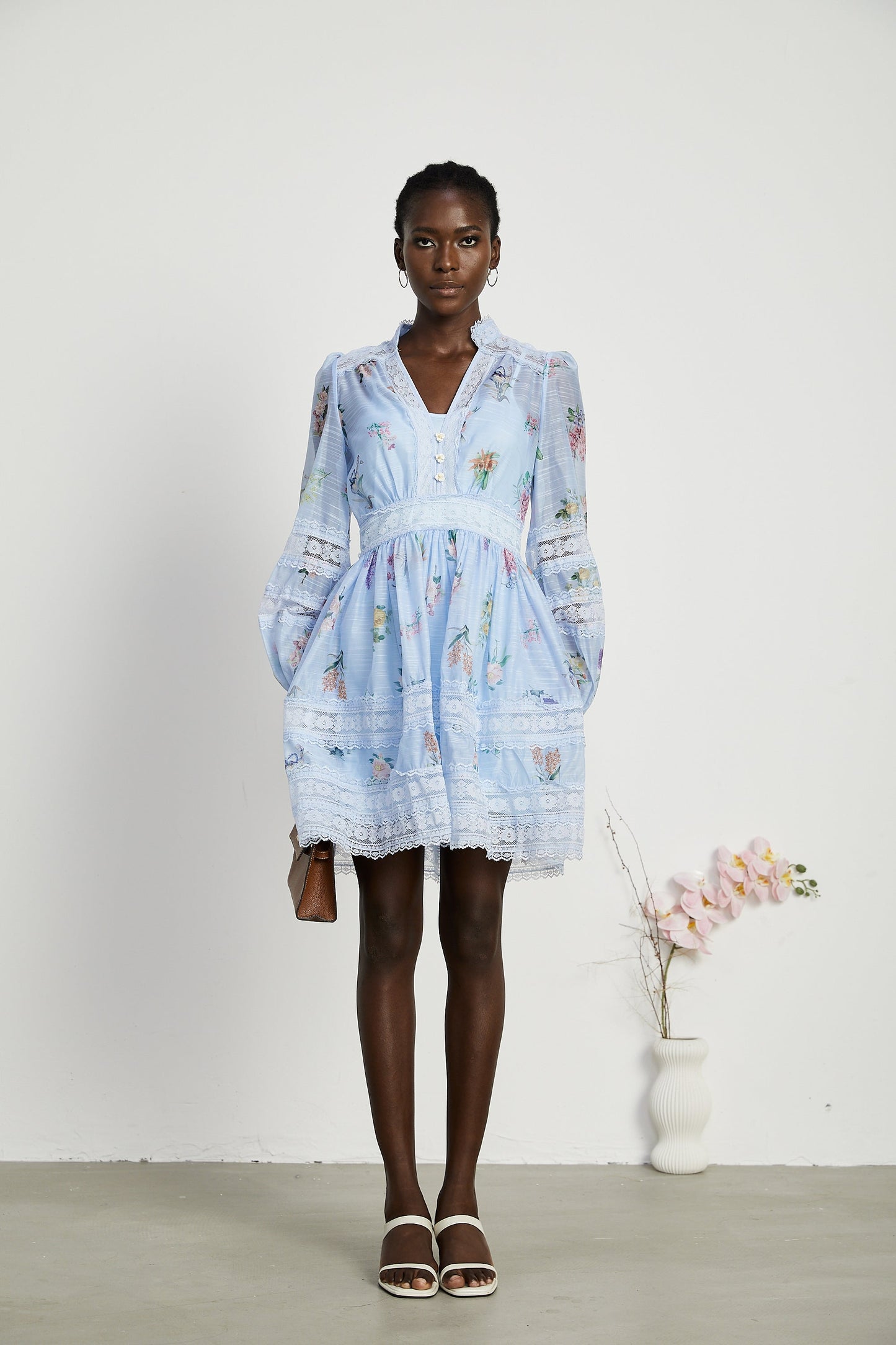 Titania floral-print lace-detail mini dress