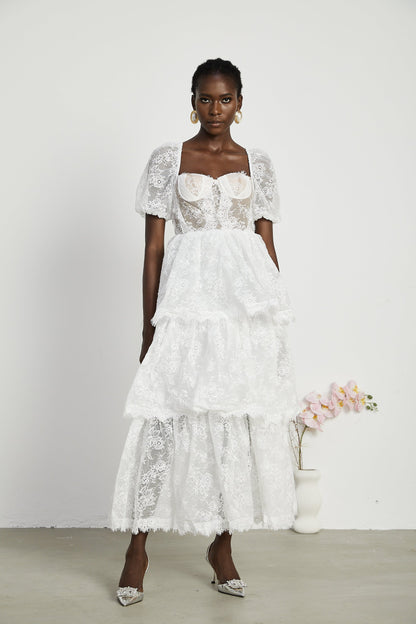 Mélisande white lace tiered maxi dress