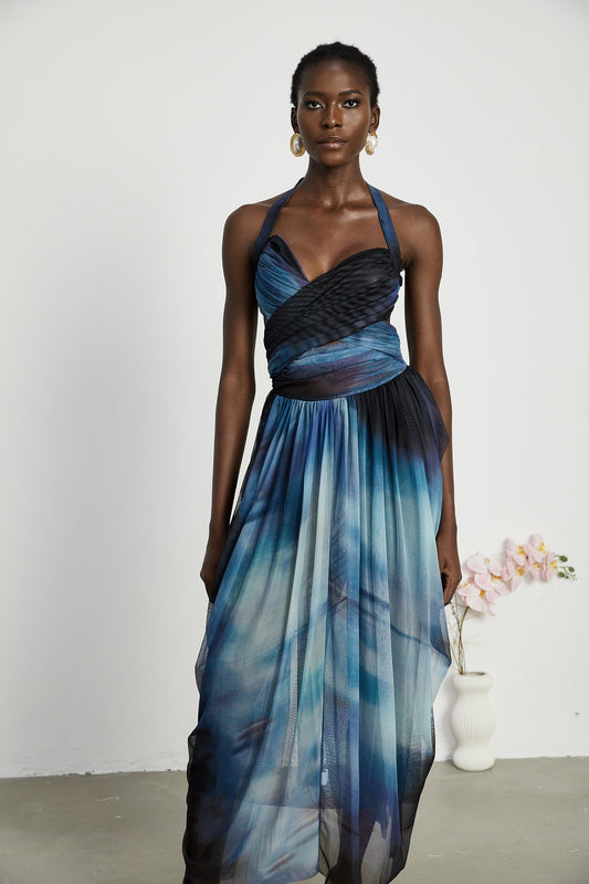 Céleste ombre-print pleated maxi dress