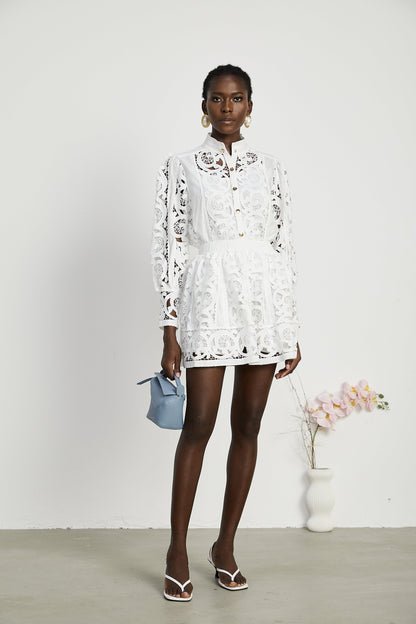 Marie lace-floral embellished shirt & skirt matching set