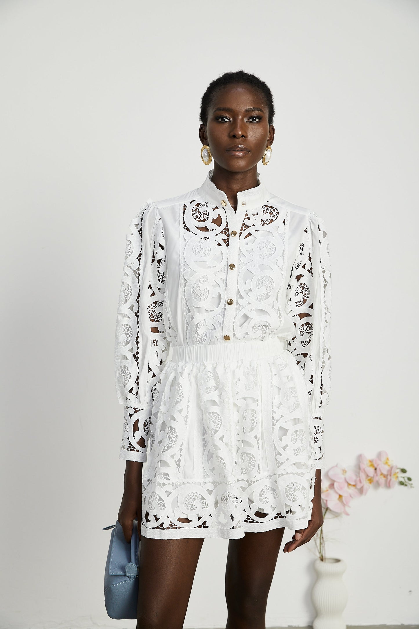 Marie lace-floral embellished shirt & skirt matching set