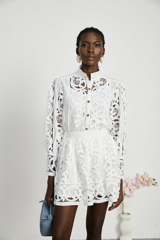 Marie lace-floral embellished shirt & skirt matching set