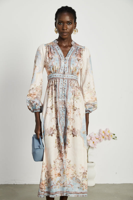 Camille floral-print long-sleeve boho dress