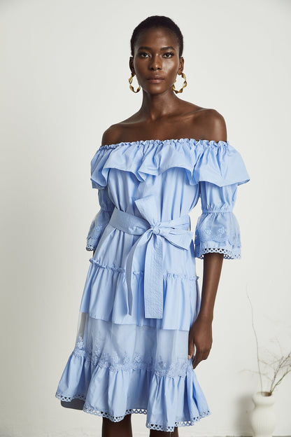 Sophie off-shoulder tiered midi dress