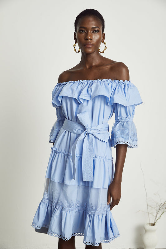 Sophie off-shoulder tiered midi dress