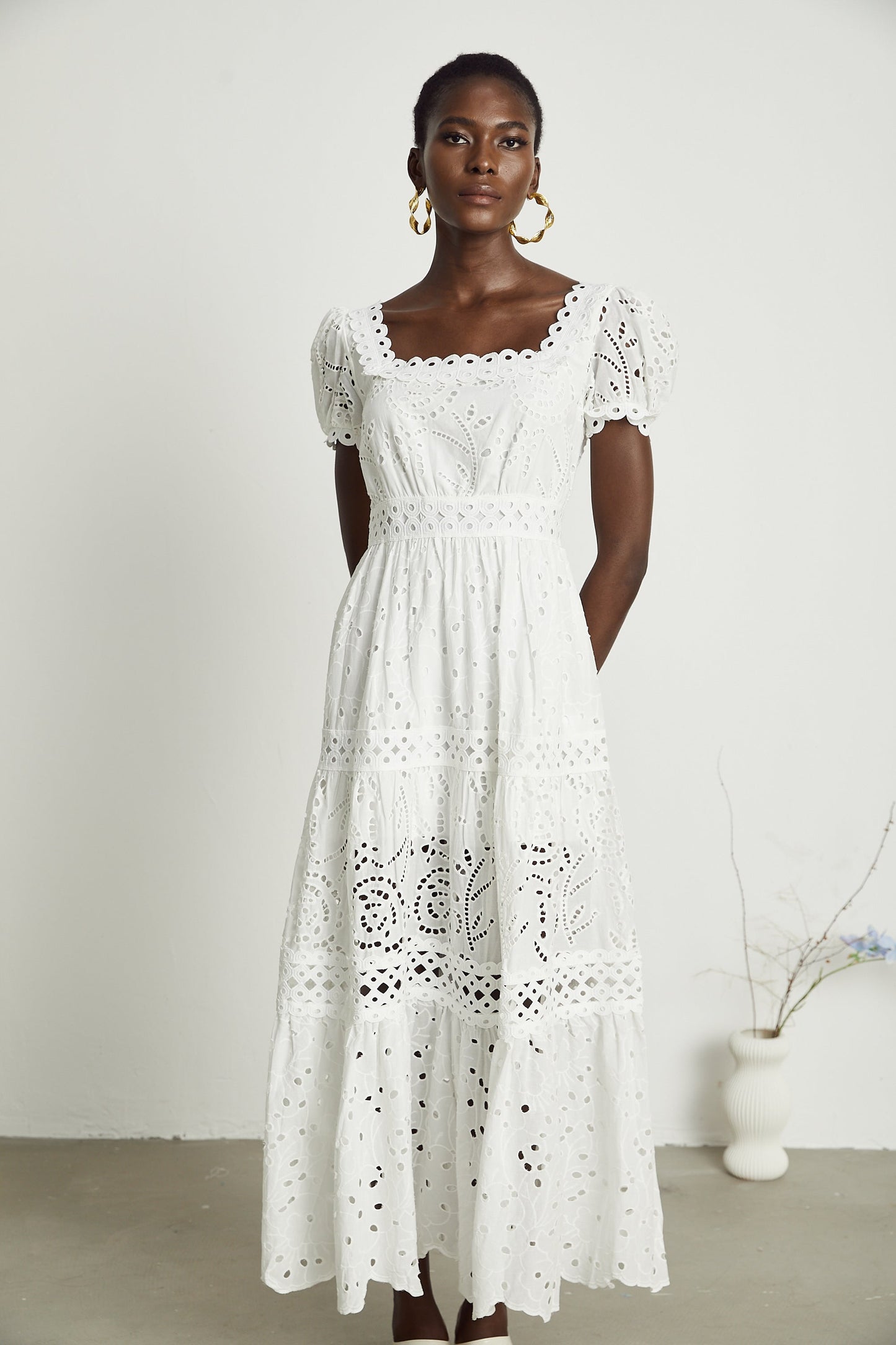 Hélène lace cut-out semi-sheer midi dress