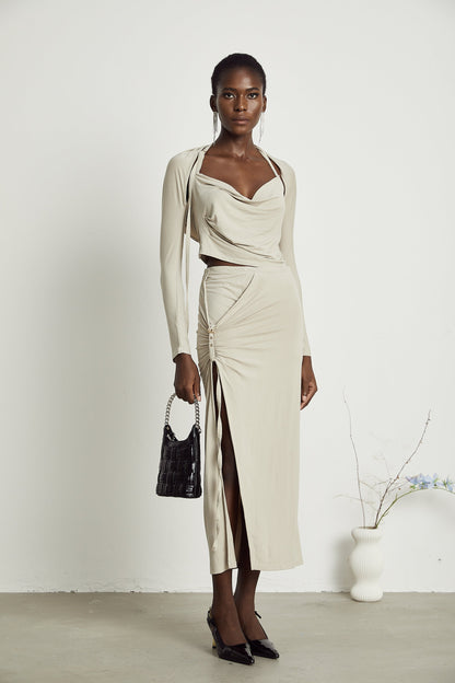 Lanetta khaki jersey top & skirt matching set