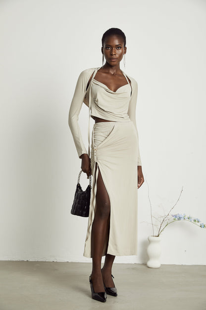 Lanetta khaki jersey top & skirt matching set