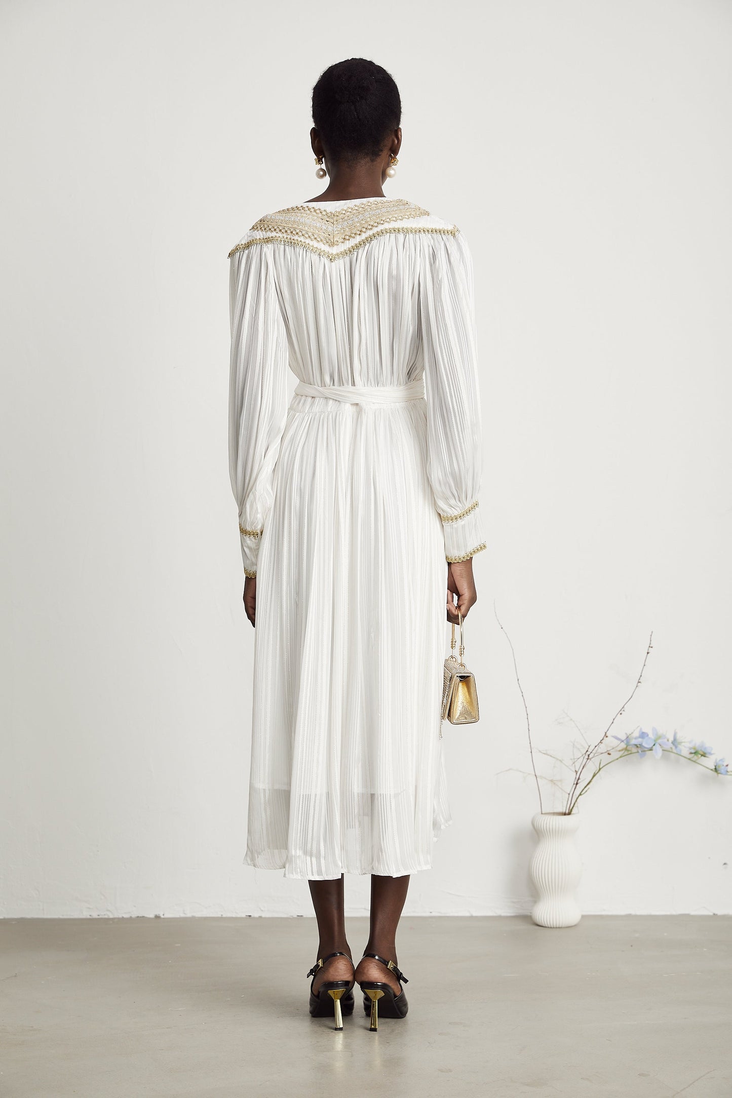 Élodie gold-trim pleated midi dress (US Only)