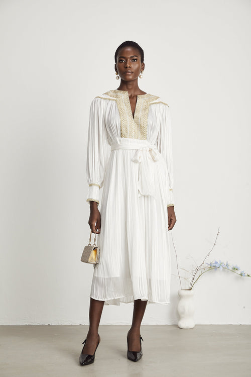 Élodie gold-trim pleated midi dress (US Only)