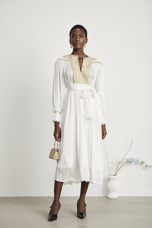 Élodie gold-trim pleated midi dress (US Only)