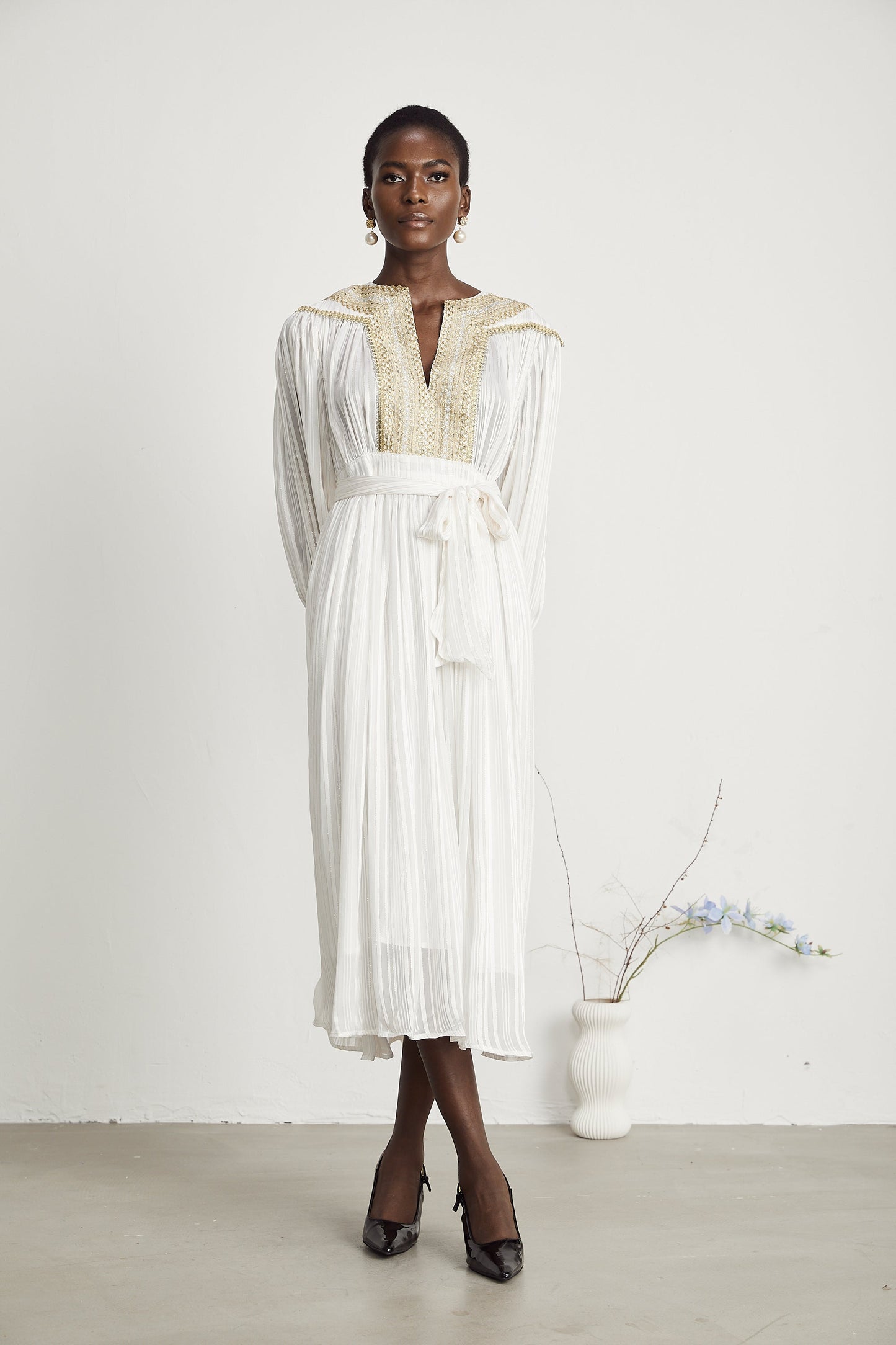Élodie gold-trim pleated midi dress (US Only)