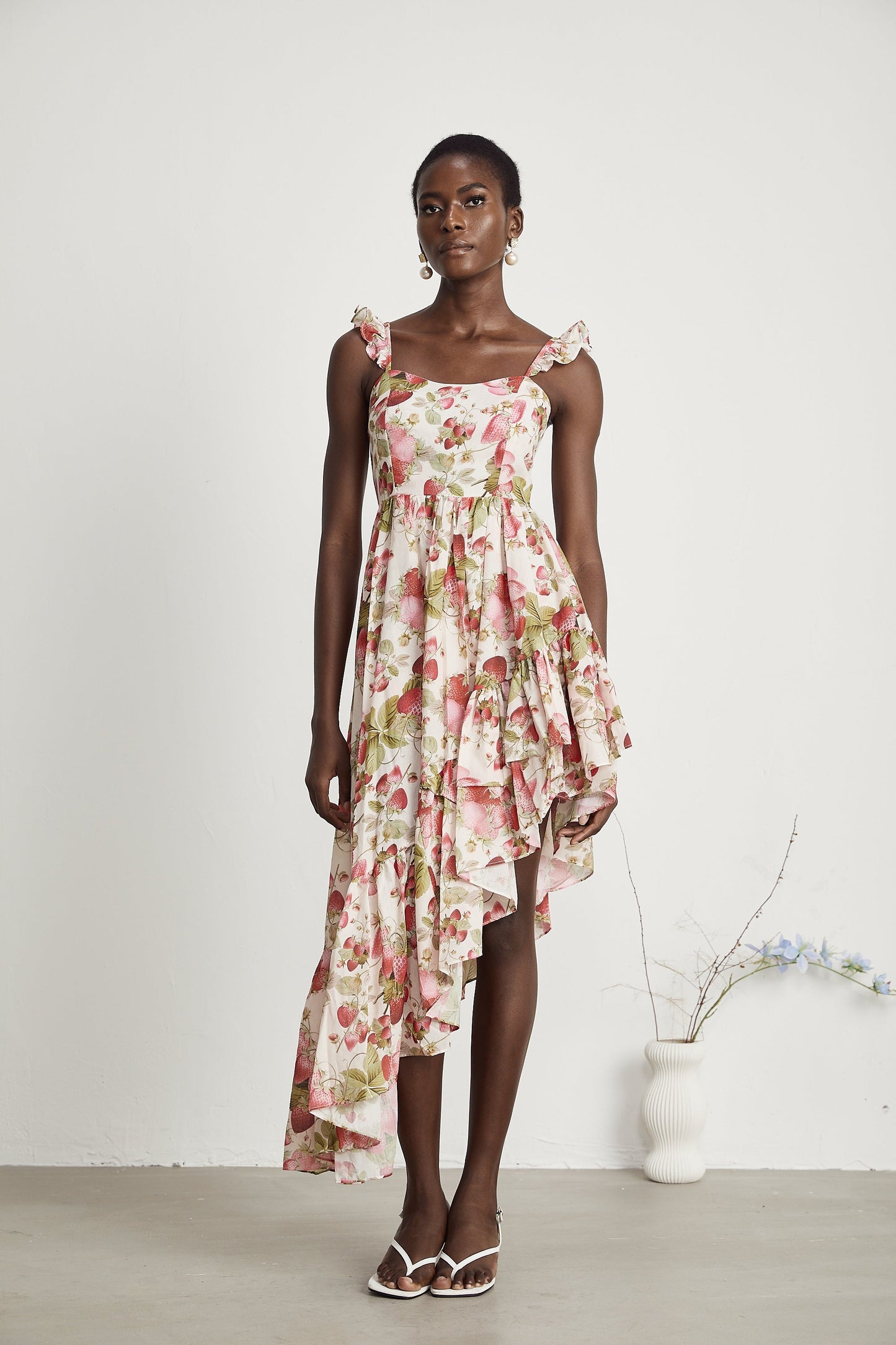Vivien strawberry-print asymmetric midi dress