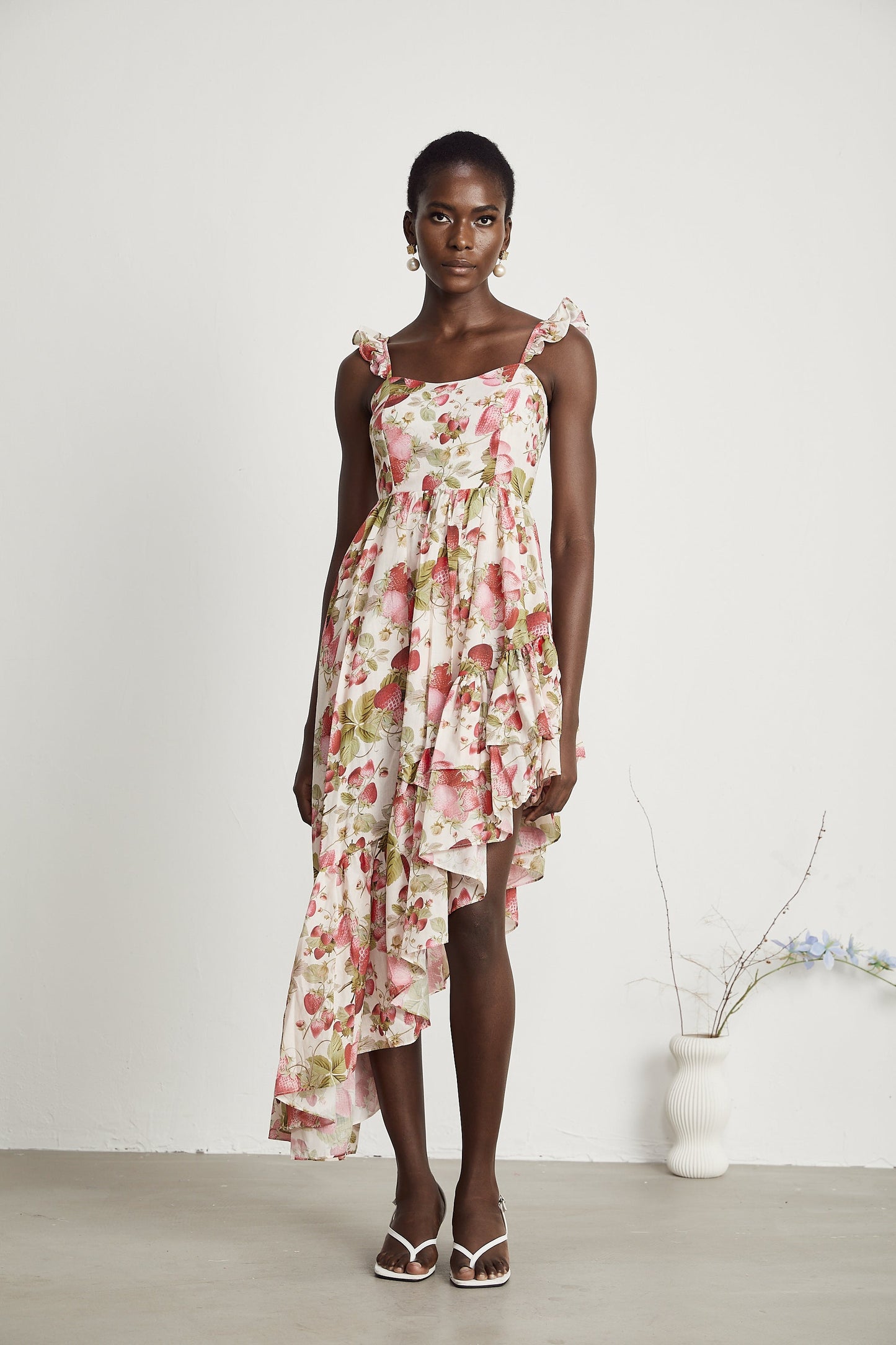 Vivien strawberry-print asymmetric midi dress
