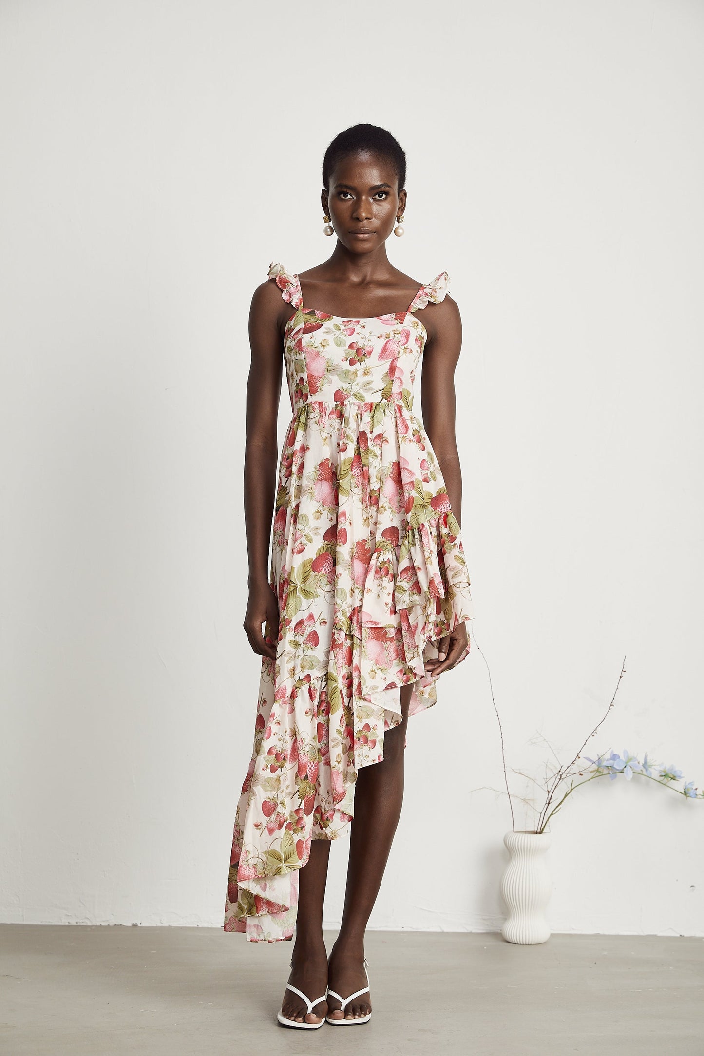 Vivien strawberry-print asymmetric midi dress