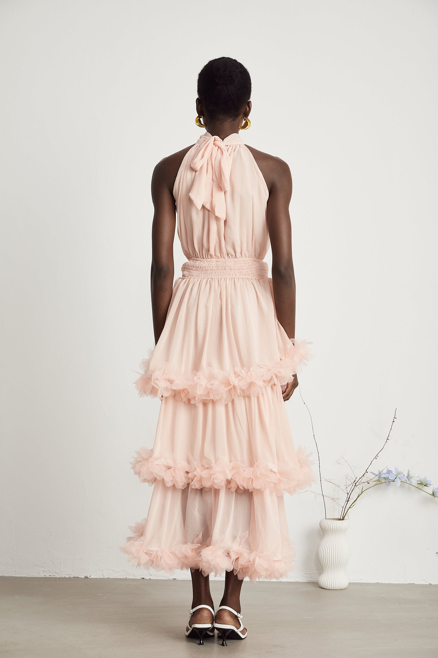 Micah pink 3D-petal tiered midi dress (US Only)