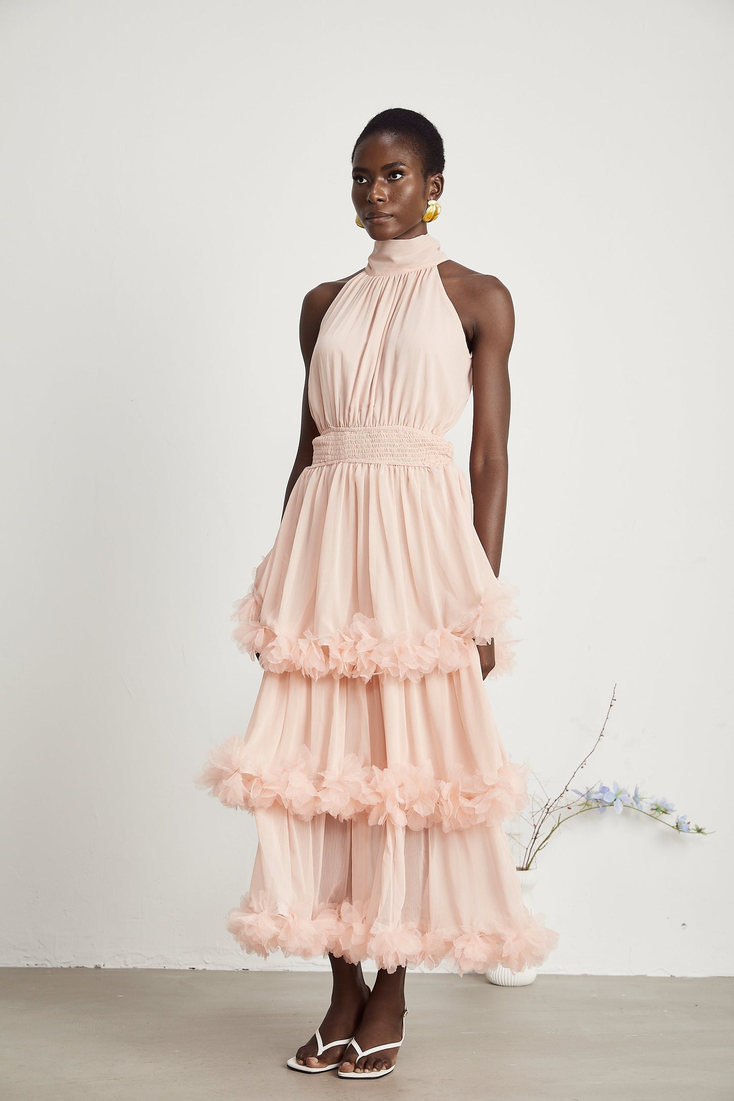Micah pink 3D-petal tiered midi dress (US Only)