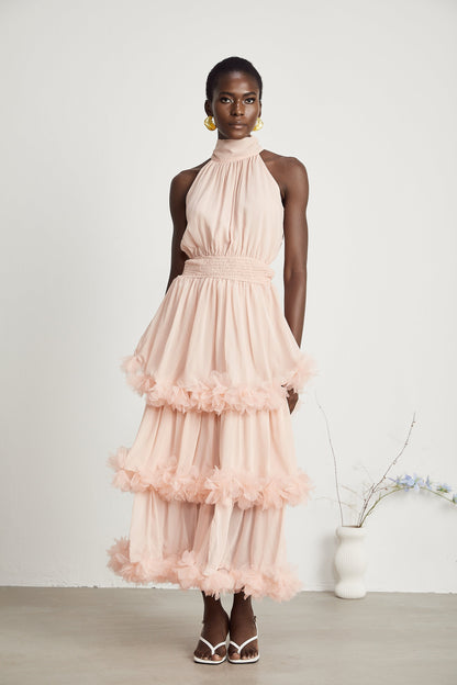 Micah pink 3D-petal tiered midi dress (US Only)