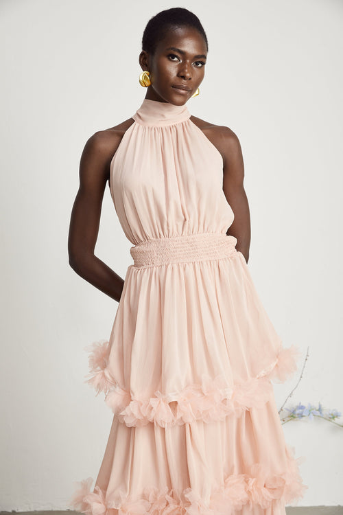 Micah pink 3D-petal tiered midi dress (US Only)