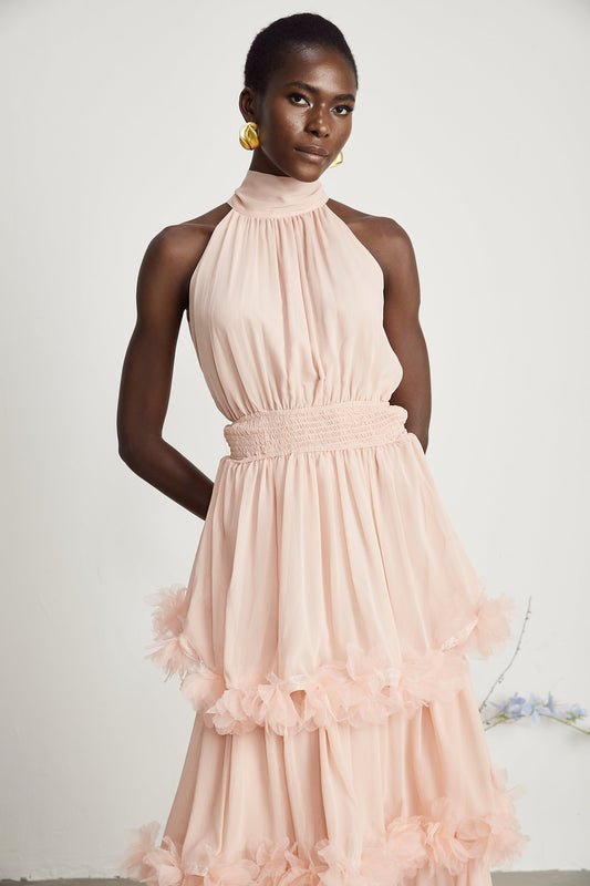 Micah pink 3D-petal tiered midi dress (US Only)
