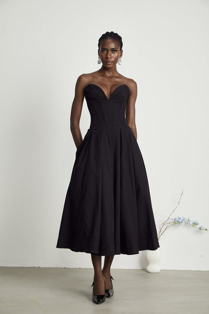 Katherine off-shoulder corset midi dress in Black (US Only)